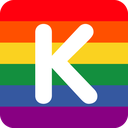 Letter K in white font centered on a horizontal rainbow striped background.