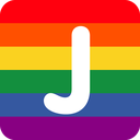 Letter J in white font centered on a horizontal rainbow striped background.
