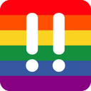Two white exclamation marks centered on a horizontal six-stripe rainbow background.