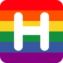 Letter H in white text centered on a horizontal rainbow flag background.