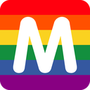 Letter M in white font centered on a horizontal rainbow pride flag background.