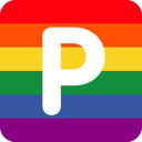 Letter P in white font centered on a horizontal rainbow striped background.