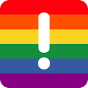 A white exclamation mark centered on a horizontal rainbow striped background.