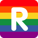 A white capital letter R sits in the center of a horizontal rainbow striped background.