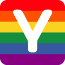 Letter Y in white centered on a horizontal rainbow flag background.