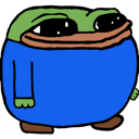 A round green frog wearing a blue sweater swaying back and forth with a content expression.