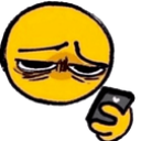 A yellow emoji face with heavy dark circles under its eyes looking down at a smartphone with a bored expression.