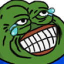 A cartoon green frog with a wide, toothy grin and large blue tears streaming down its face.