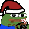 Pepe the Frog wearing a Santa hat and drinking from a mug with a candy cane straw.