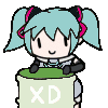 Hatsune Miku happily drumming on a green bongo with XD written on it.