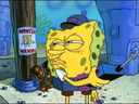SpongeBob SquarePants with a narrowed-eye, skeptical expression looking to the side.