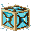 A small pixel-art cube with a glowing blue center and a gold-colored frame.
