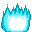 Blue pixelated flame or energy orb glowing against a black background.