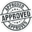 A circular stamp graphic containing the word APPROVED in a distressed, bold font.