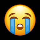 Yellow face with closed eyes and streams of blue tears flowing down, mouth open in a wailing expression.