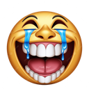 Yellow face with a wide open mouth and large white teeth, shedding bright blue tears of laughter.