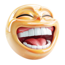 A stylized yellow face with a wide, toothy grin and tongue visible, expressing intense laughter.