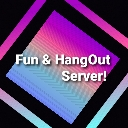 A neon diamond shape with a purple and pink gradient containing the text Fun and Hangout Server.