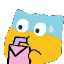 A small blue and yellow creature with wide eyes and a sweat drop, nervously sipping from a pink juice box.
