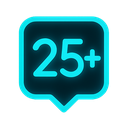A glowing neon blue speech bubble icon containing the text 25+ against a black background.