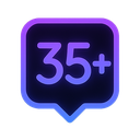 A purple speech bubble icon with the text 35+ in a glowing font.