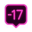 A neon pink speech bubble icon containing the text -17 against a black background.