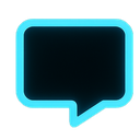 A glowing neon blue speech bubble icon with a dark center.