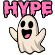 A cute white ghost with a wide, happy grin and raised arms stands below the word HYPE written in pink dripping letters.