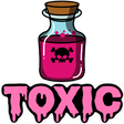 A pink potion bottle with a skull and crossbones icon and the word toxic written below in dripping pink letters.