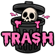 A skull peeking out of a black trash can with the word trash written in dripping pink letters below.