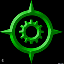 Green gear icon centered inside a four-pointed compass frame against a black background.