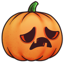 A cartoon pumpkin with a sad, downturned face and drooping eyes.