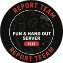 Circular badge with black background, red text reading Report Team, and white gaming icons.