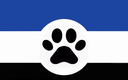 Furry pride flag featuring horizontal blue, white, and black stripes with a central black paw print.