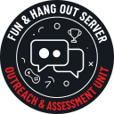 A circular badge with a black background featuring white line-art of speech bubbles, a trophy, and a game controller, surrou…