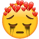 A yellow emoji face with closed eyes and tears streaming down, wearing a crown of multiple broken red hearts.