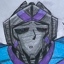 Robot head with a gray metallic face and purple accents looking down with tired, drooping eyes.