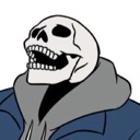 A skeleton wearing a blue hoodie with a gray hood, laughing with its mouth wide open.