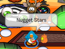 A blue penguin from Club Penguin stands in a room with a white speech bubble above its head containing the text Nugget Stars.