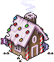 Gingerbread house decorated with white icing and colorful candies in a pixel art style.