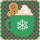 A green mug with a white snowflake design filled with whipped cream and a smiling gingerbread man.