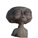 A small gray alien with a large head and wide, dazed eyes looking slightly upward.