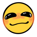 Yellow smiley face with a smug smirk and rosy blushing cheeks.