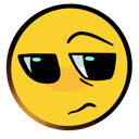 Yellow smiley face with heavy-lidded eyes looking to the side with a skeptical expression.