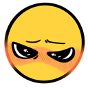 A yellow smiley face with heavy-lidded eyes and a pink blush on its cheeks looking sideways.