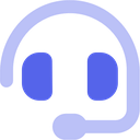 A blue flat-style icon of a headset with a microphone attached.