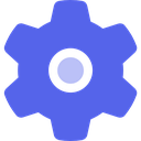 A blue six-toothed gear icon with a black circular center.