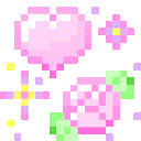 Pink hearts and flowers decorated with small yellow sparkles in a pixel art style.