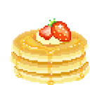 Pancakes stacked high with strawberries and syrup in a pixel art style.