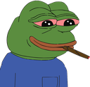 A green frog with bloodshot eyes holding a cigar in its mouth.